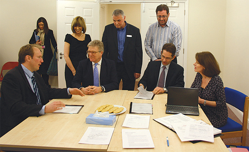 Discussing the new Mediation Service around the table, from left, seated, Euan Davidson (Mediator), Edward Garnier QC, Solicitor General, Jonathan Djanogly (Legal Aid Minister), Susan Nathan; Standing, from left, June Venters QC, Dr Derek Hinkes and Dr Howard Cohen.