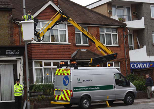 The new CCTV camera being installed in Caterham-on-the-Hill last Tuesday.