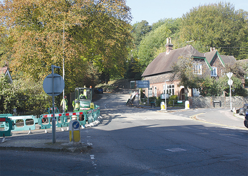 The site of the mini-roundabout under construction in Caterham.