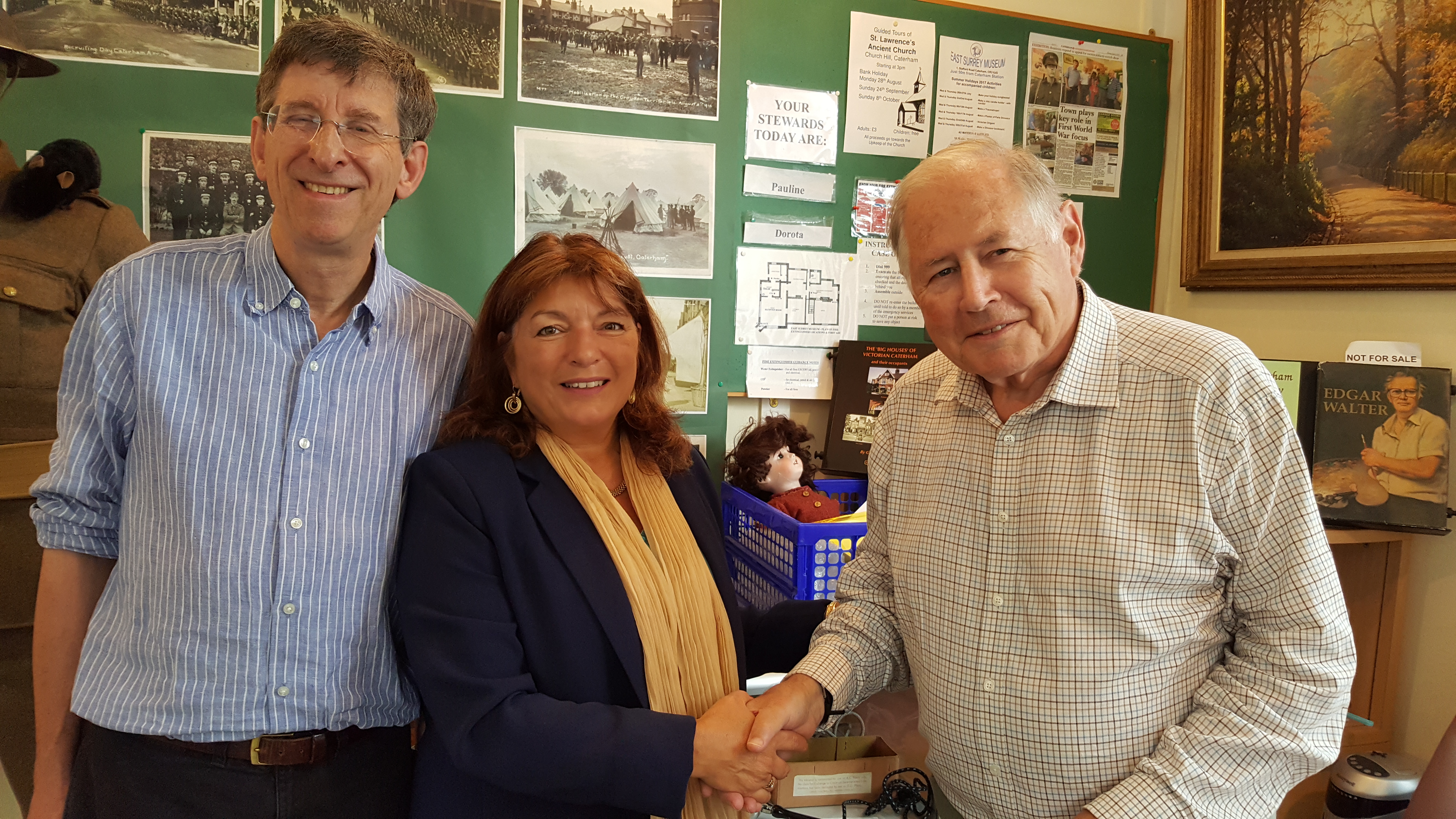 Cllr. Beverly Connolly congratulates new Chairman, Cllr. Rod Stead with the curator of East Surrey Museum, Chris Taylor.